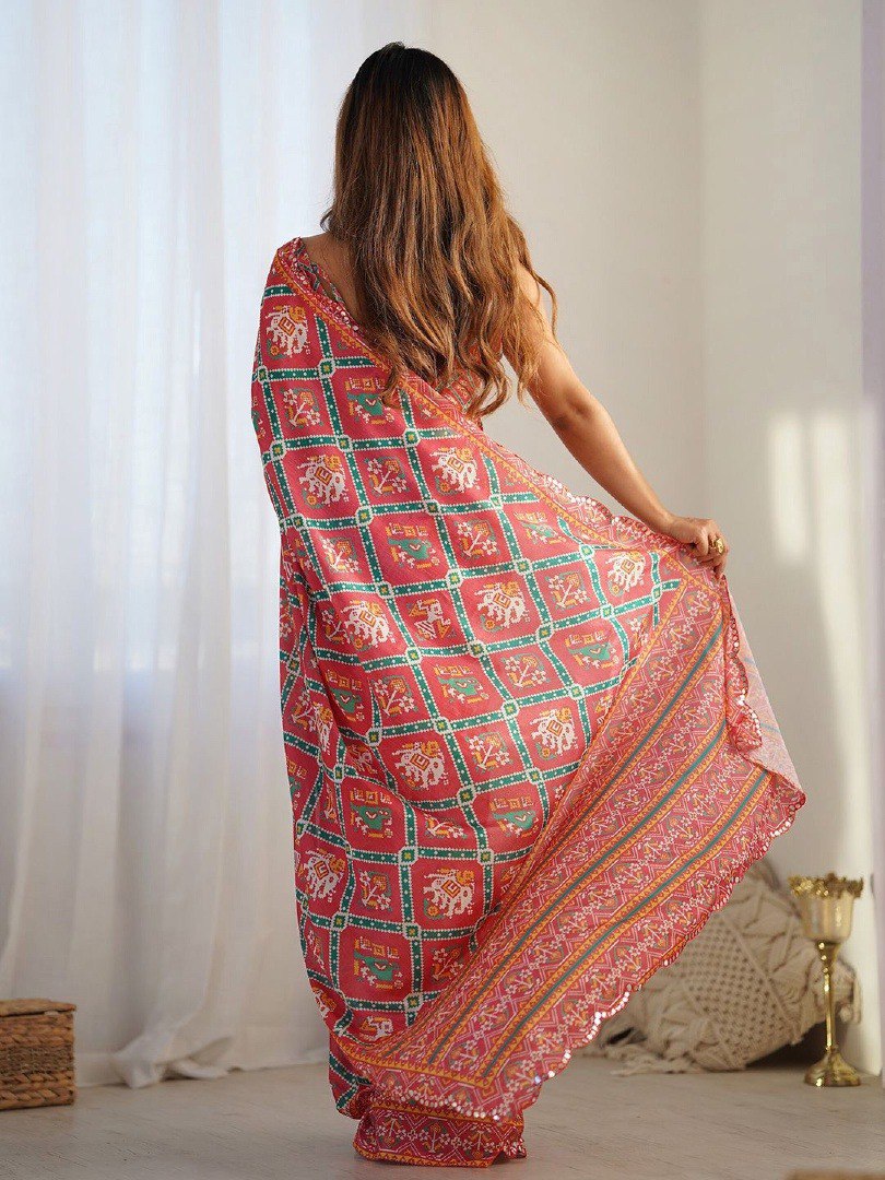 Red Georgette Saree With Printed And Mirror Work With Arco Border