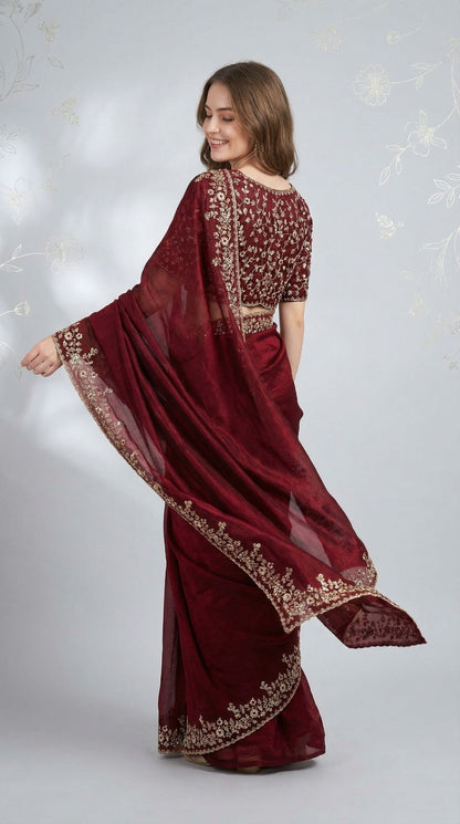 Maroon Fandy Chiffon Silk Saree With Sequin Work & Cut Work Border | Party & Reception Wear – JaipurSaaj