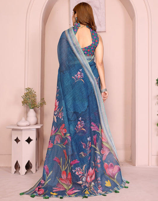 Blue Linen Cotton Saree With Digital Printed Work And Silver Zari Border