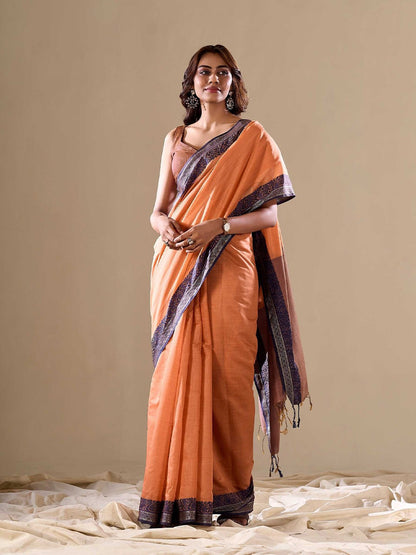 Orange linen cotton saree with weaving work