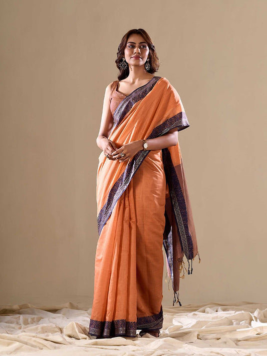 Orange linen cotton saree with weaving work