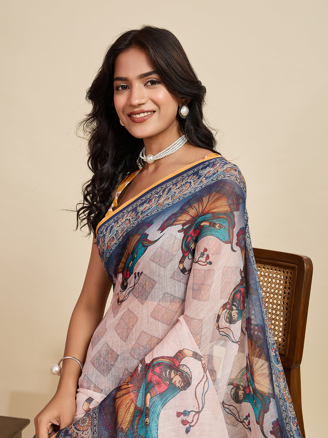 Multi Linen Cotton Saree With Digital Printed Work And Silver Zari Border
