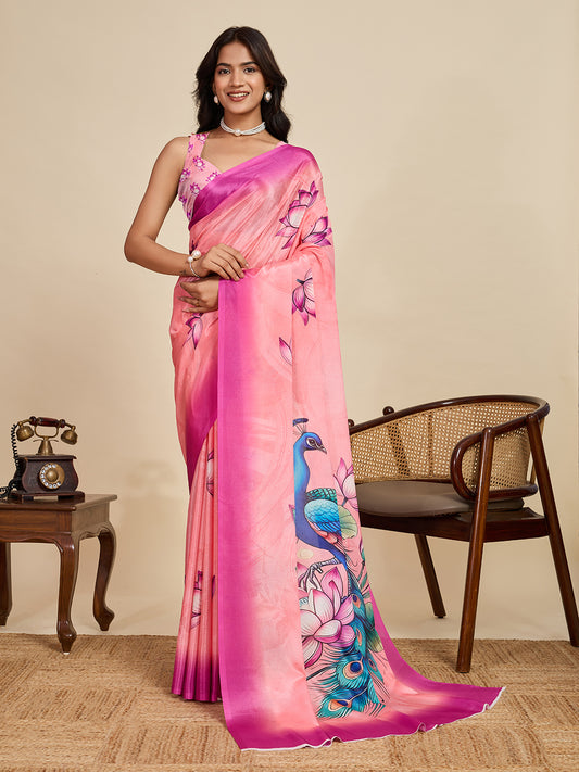 Baby Pink Soft Chinnon Silk Saree With Digital Printed Work