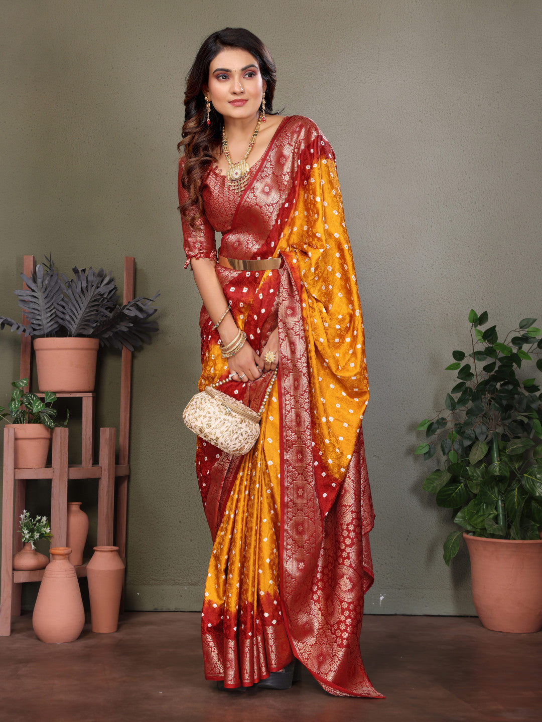 Orange & Maroon Bandhej Silk Saree With Zari Weaving Work | Festive Wedding Wear – JaipurSaaj