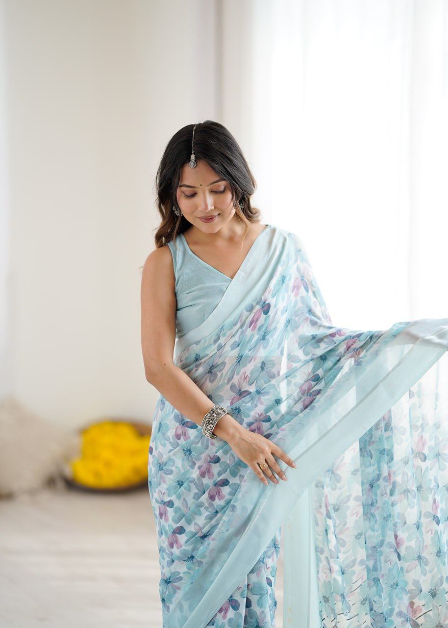 Sky Blue Linen Cotton Saree With Flower Digital Printed Work