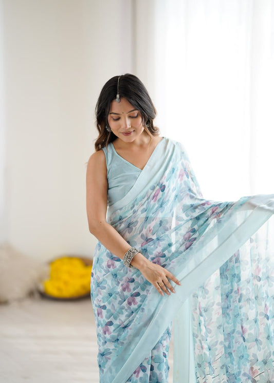 Sky Blue Linen Cotton Saree With Flower Digital Printed Work