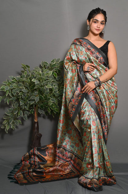 Sea Green Color Soft Silk Saree With Kalamkari Digital Printed Work