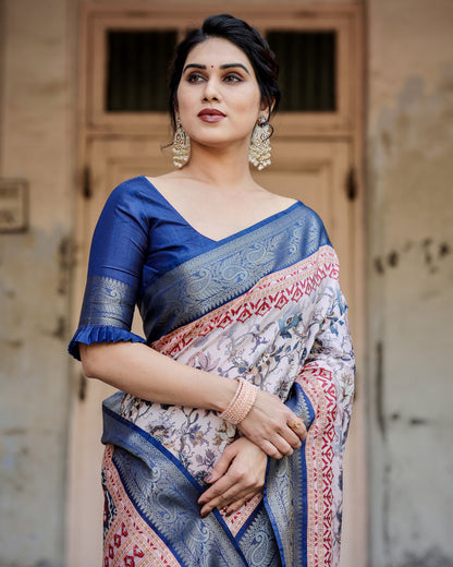 Multi Color Digital Printed Tussar Silk Saree With Zari Motif Border | Traditional Festive Ethnic Wear – JaipurSaaj
