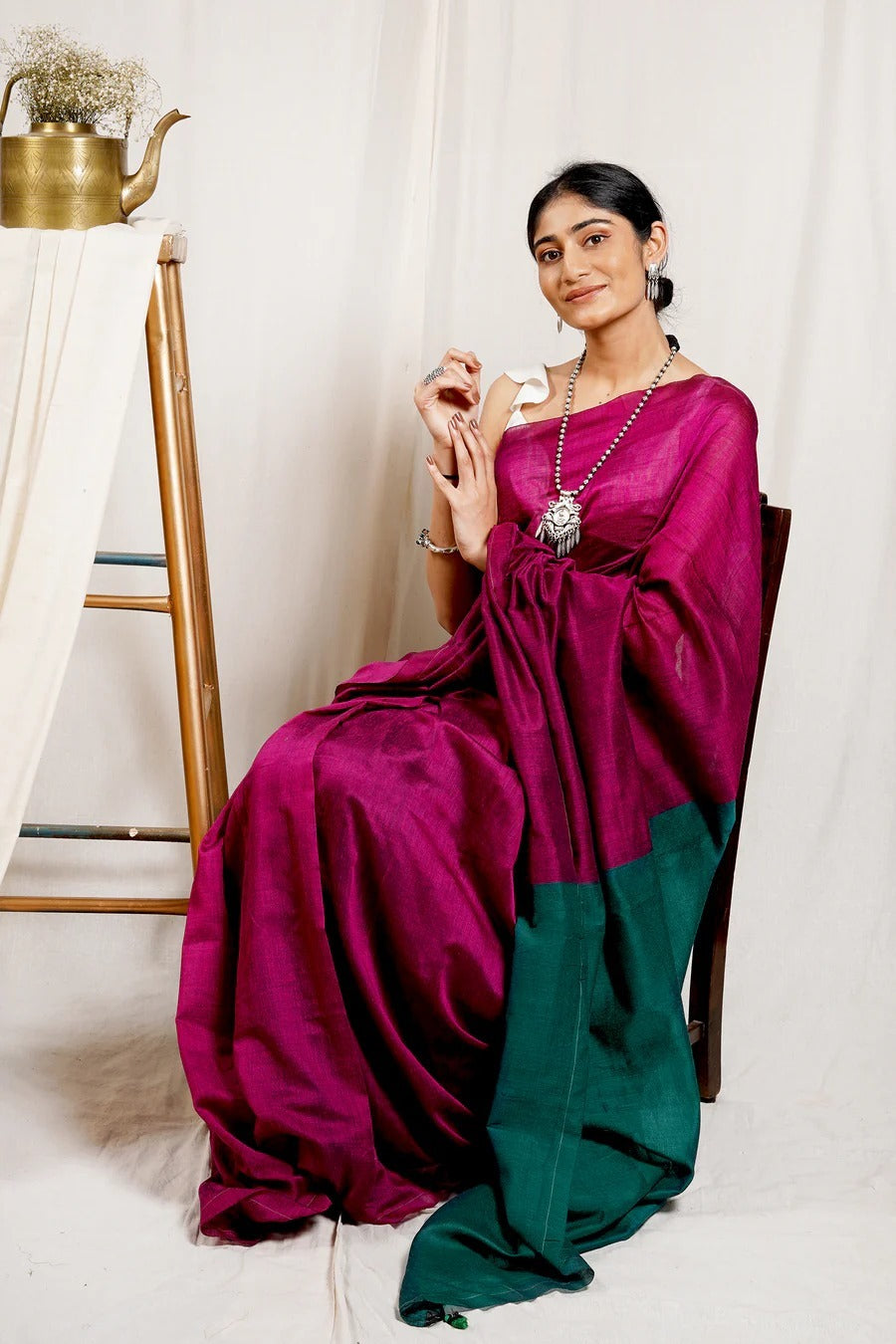 Magenta Color Plain Khadi Cotton Saree With Fancy Tassel Work