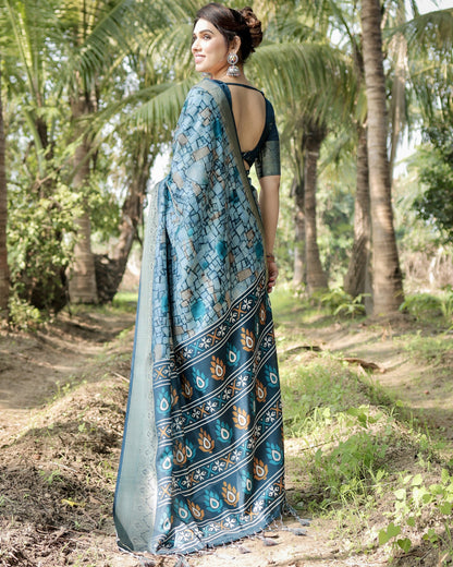 Rama Green Digital Printed Tussar Silk Saree With Zari Motif Border | Traditional Casual & Festive Wear – JaipurSaaj