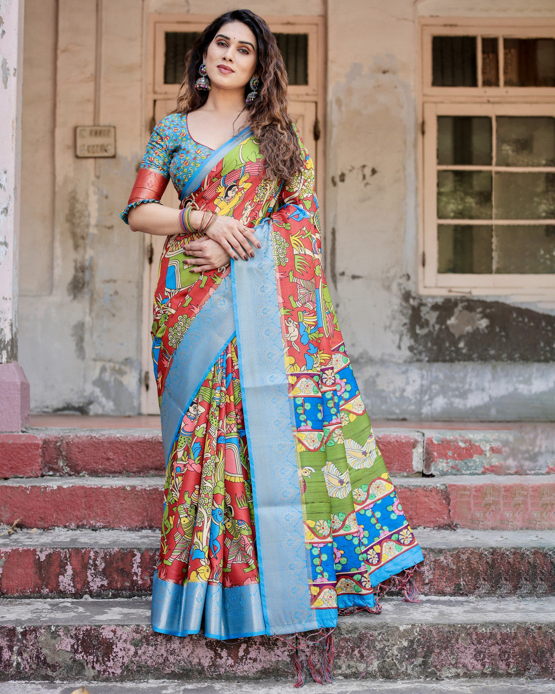 Multi Color Kalamkari Digital Printed Tussar Silk Saree | Designer Festive Ethnic Wear – JaipurSaaj