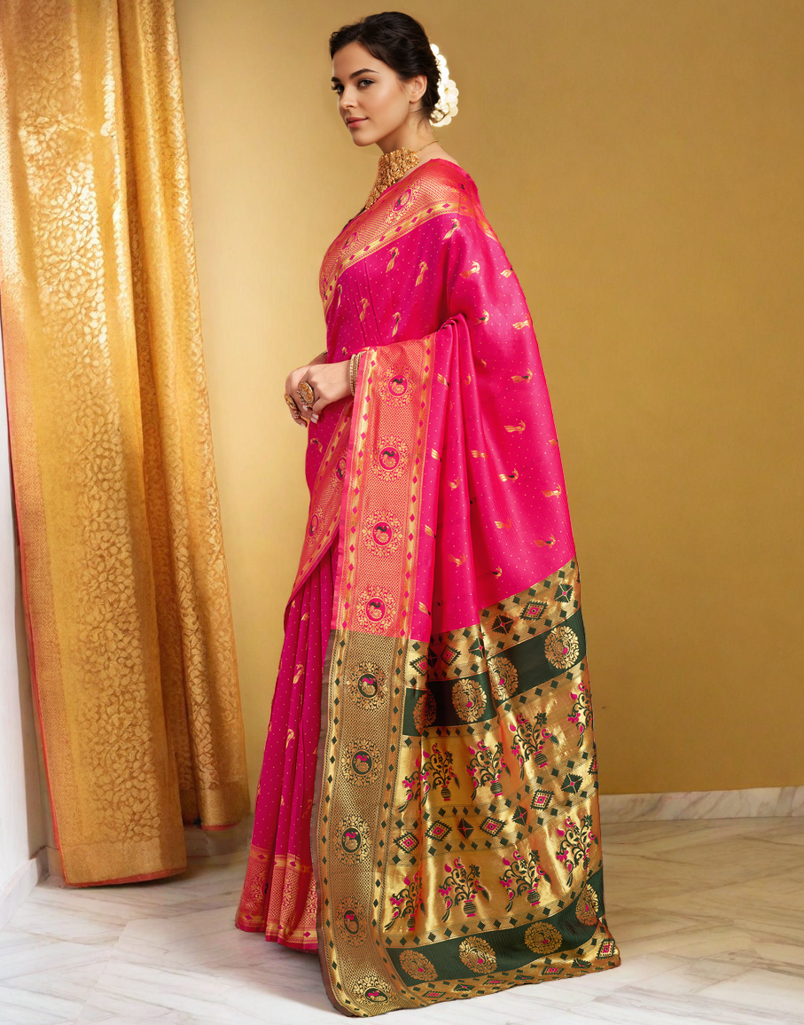 Traditional Pink Paithani Silk Saree With Zari Weaving Work