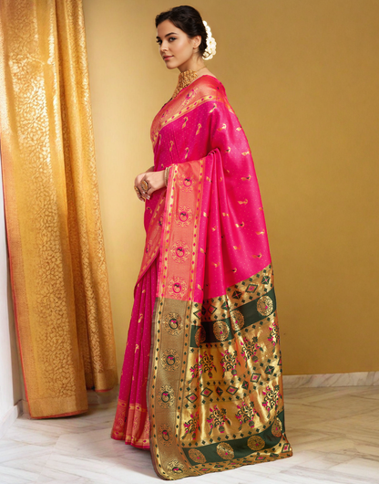Traditional Pink Paithani Silk Saree With Zari Weaving Work