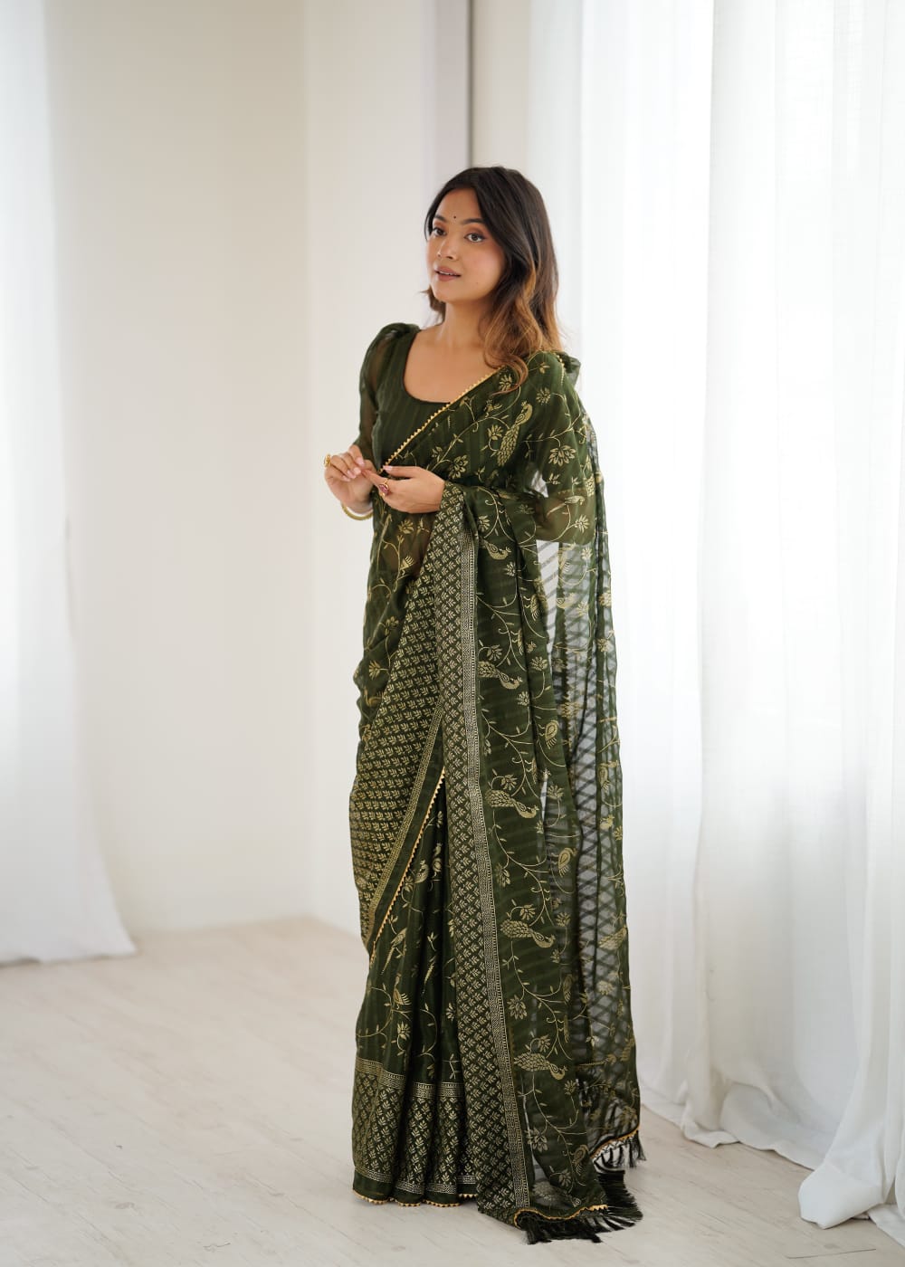 Mahendi Green Color Georgette Saree With Digital Printed Work And Lace Border