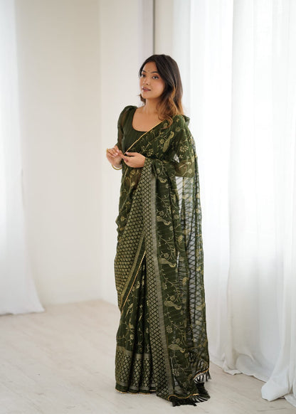 Mahendi Green Color Georgette Saree With Digital Printed Work And Lace Border