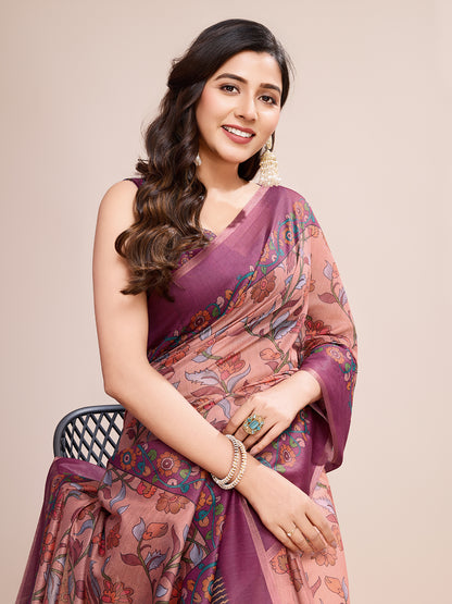 Multi Soft Linen Cotton Saree With Kalamkari Printed Work