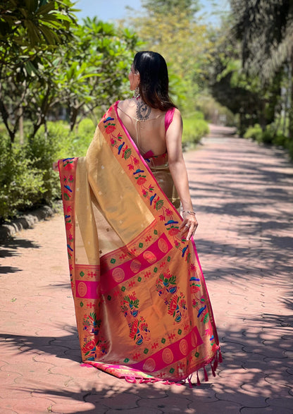 Beige Soft Tissue Paithani Silk Saree With Zari Weaving Work | Bridal Wedding Wear – JaipurSaaj