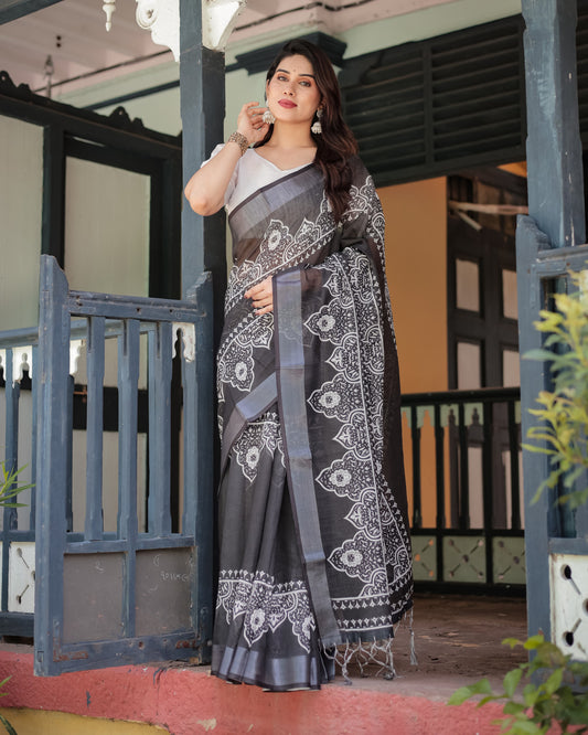 Black Summer Special Digital Printed Linen Cotton Saree