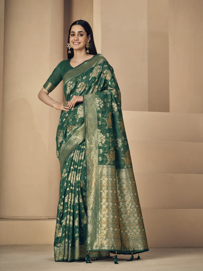 Green Soft Linen Silk Saree With Zari Weaving Work