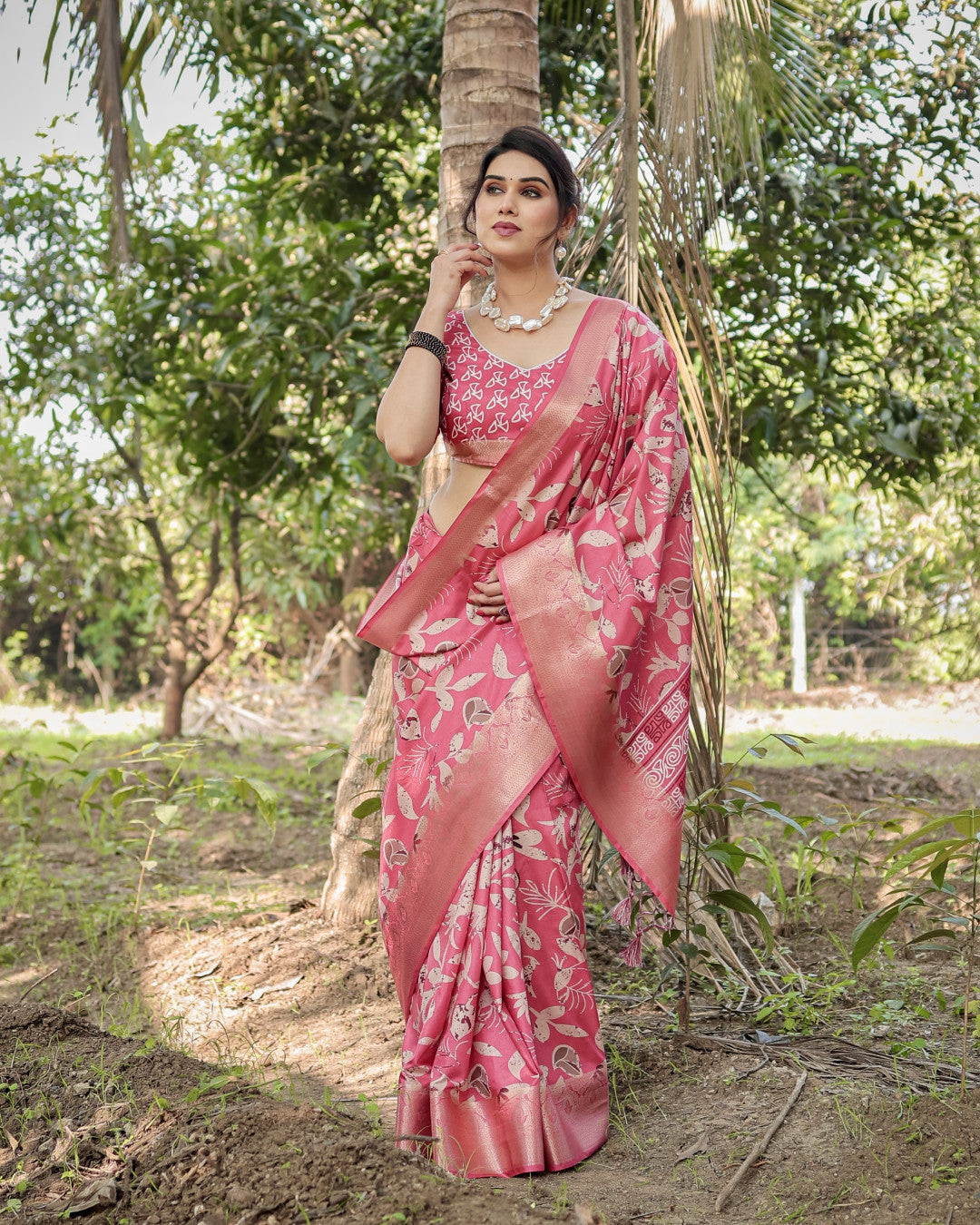 Pink Tussar Silk Saree with Floral Woven Motifs & Zari Border | Traditional Festive Wear – JaipurSaaj