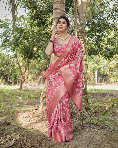 Pink Tussar Silk Saree with Floral Woven Motifs & Zari Border | Traditional Festive Wear – JaipurSaaj