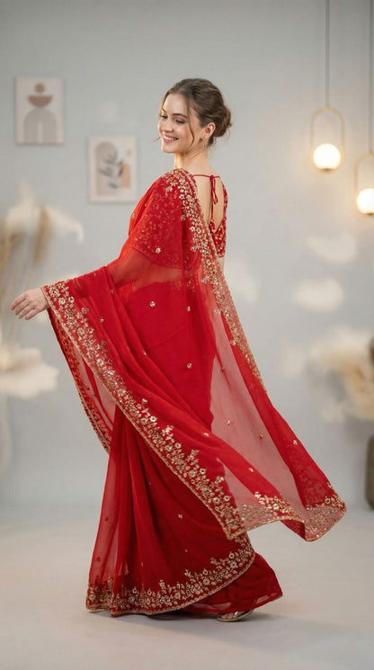 Red Fandy Chiffon Silk Saree With Sequin Work & Cut Work Border | Party & Reception Wear – JaipurSaaj