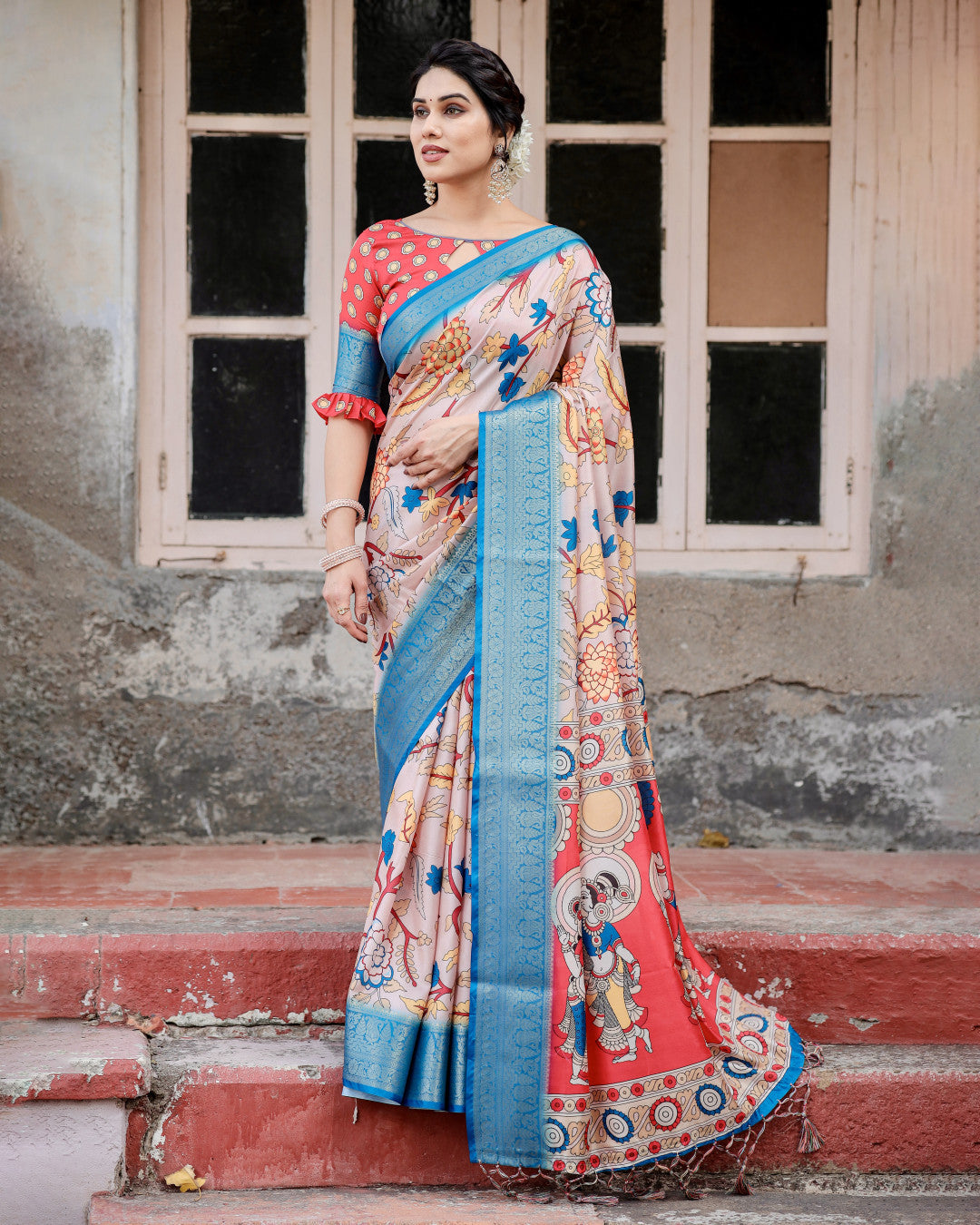 Multi Kalamakari Floral Printed Tussar Silk Saree With Zari Motif Border | Festive Ethnic Wear – JaipurSaaj