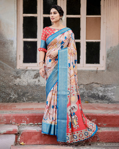 Multi Kalamakari Floral Printed Tussar Silk Saree With Zari Motif Border | Festive Ethnic Wear – JaipurSaaj