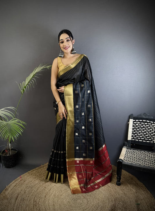 Black Soft Cotton Silk Saree With Zari Weaving Work