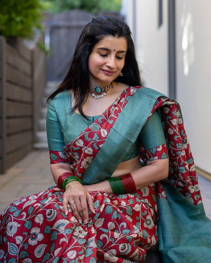 Red Colour Chanderi Cotton Saree With Kalamkari Digital Printed Work