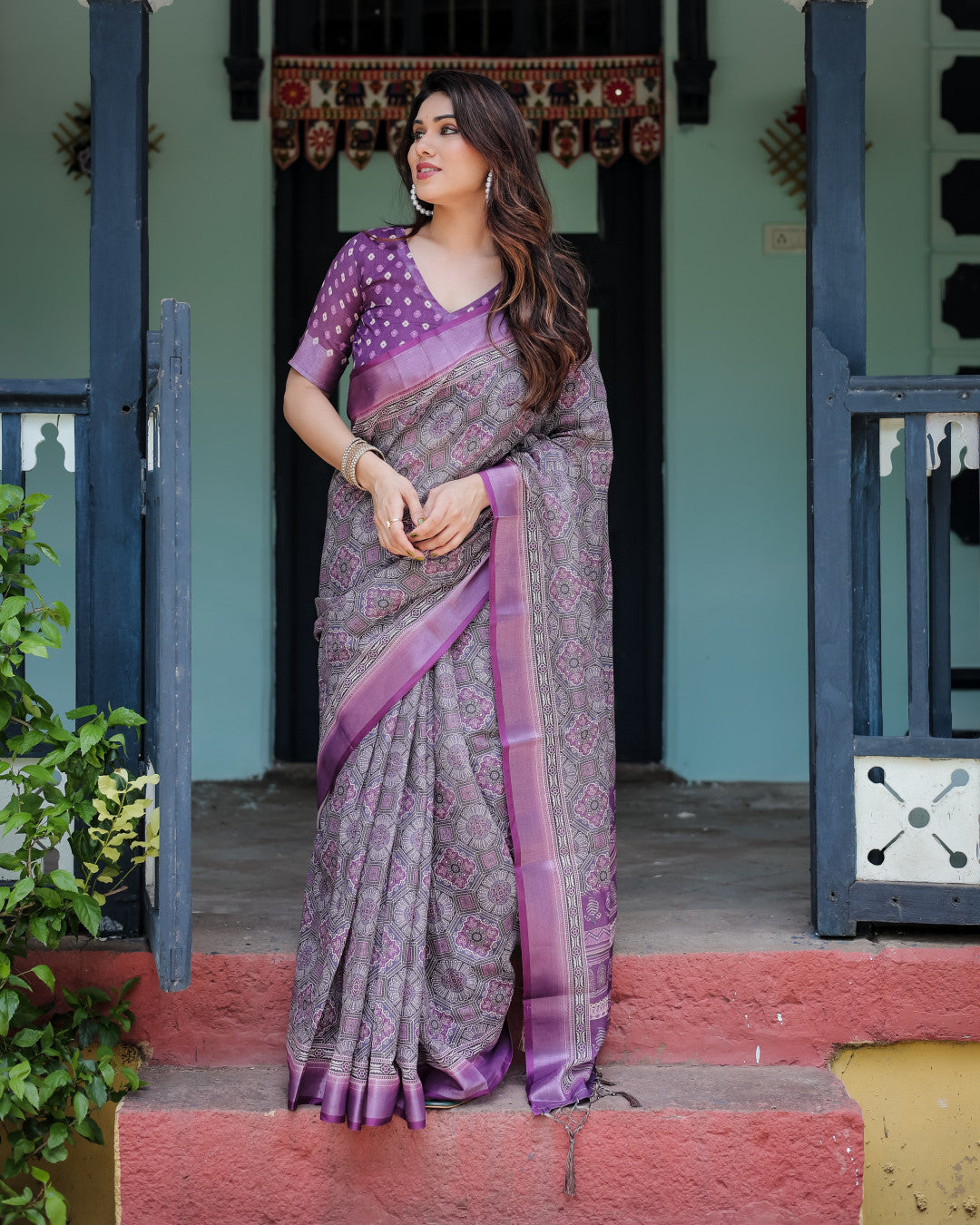 Magenta Summer Special Digital Printed Linen Cotton Saree