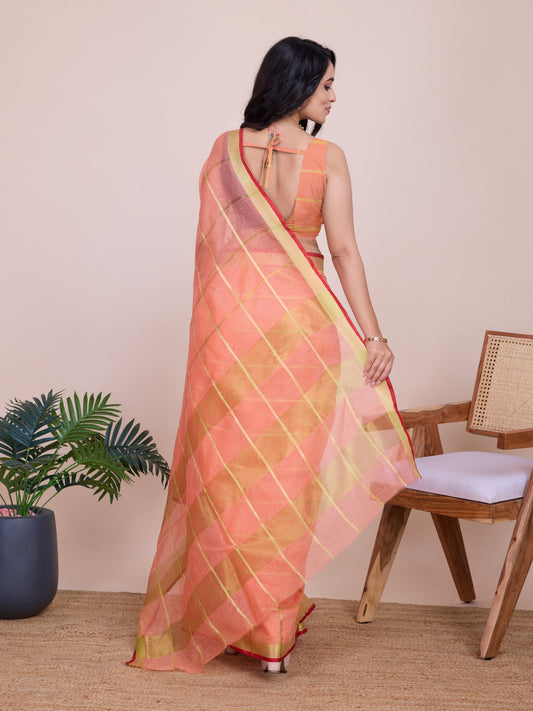 Peach Kota Doriya Saree With Zari Weaving Work
