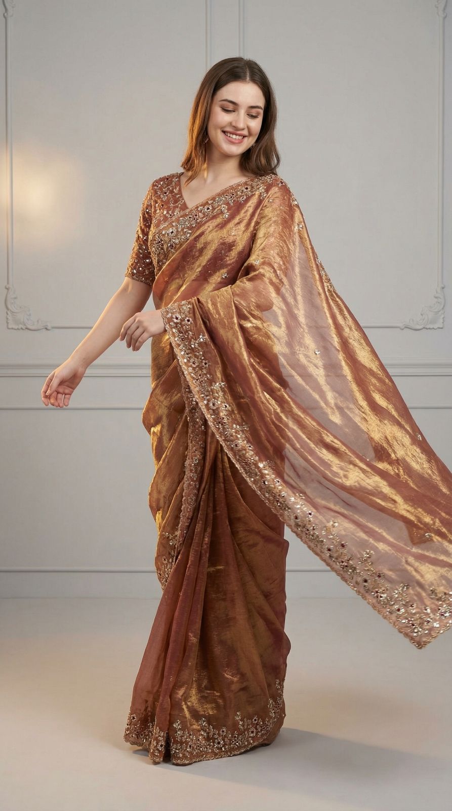 Peach Fandy Chiffon Silk Saree With Sequin Work & Cut Work Border | Party & Reception Wear – JaipurSaaj