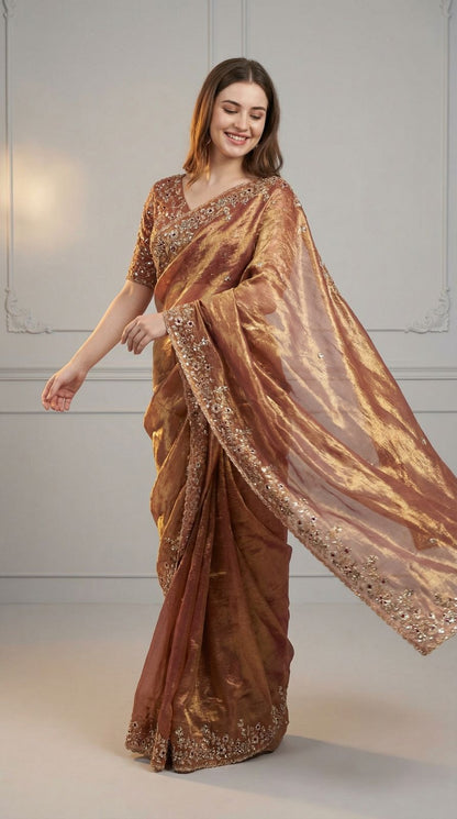 Peach Fandy Chiffon Silk Saree With Sequin Work & Cut Work Border | Party & Reception Wear – JaipurSaaj
