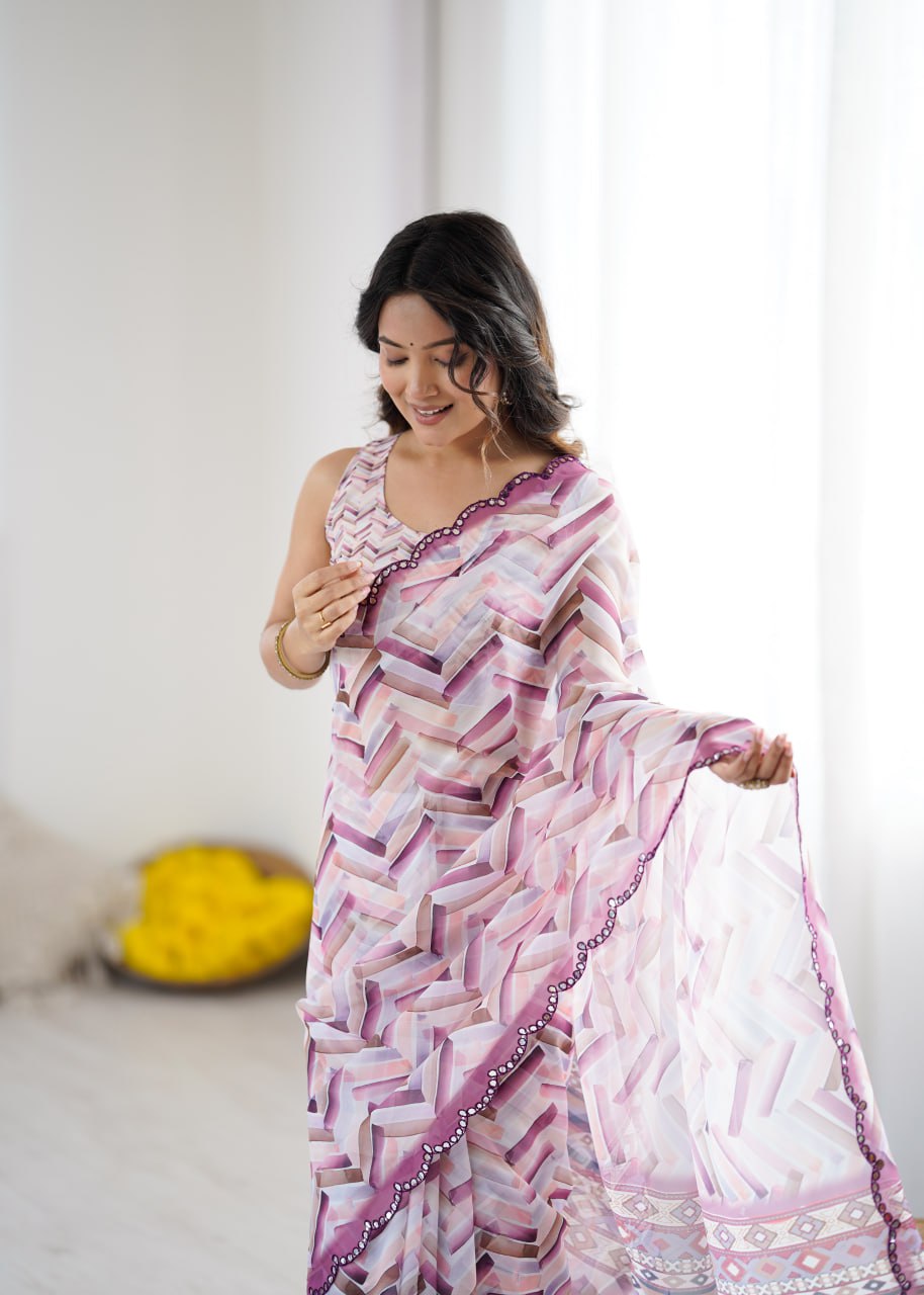 Multi Georgette Saree With Printed And Mirror Work With Arco Border