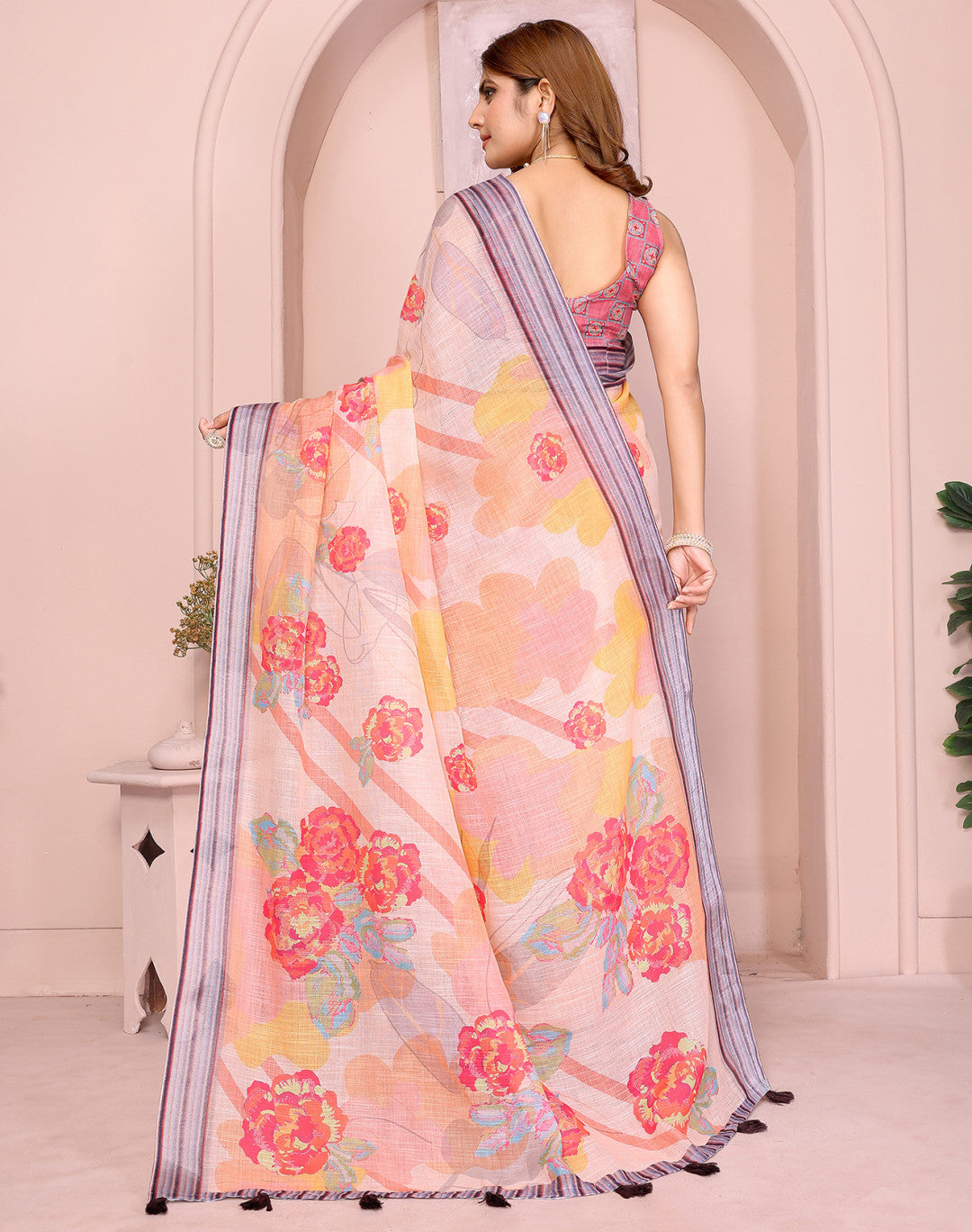 Multi Linen Cotton Saree With Digital Printed Work And Silver Zari Border