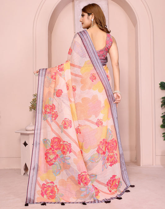 Multi Linen Cotton Saree With Digital Printed Work And Silver Zari Border