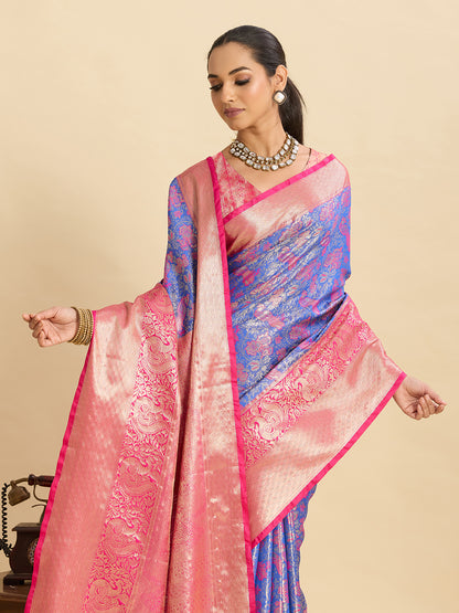 Blue Kanjivaram Silk Saree with Zari Weaving Work & Big Border | Bridal Wedding Wear – JaipurSaaj