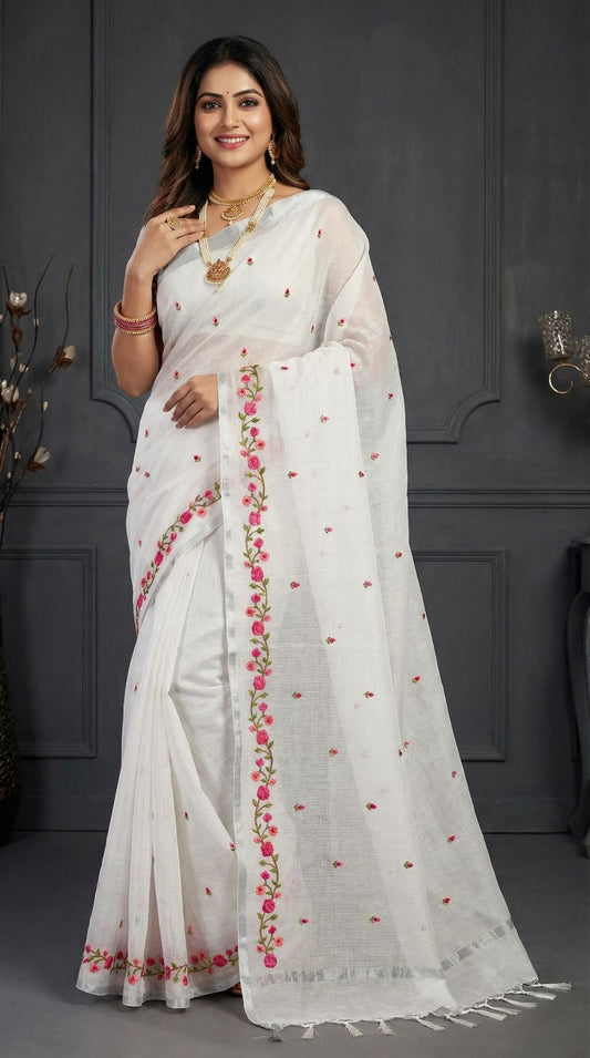 White Kota Doriya Saree With Silver Zari Border Embellished With Floral Embroidery Work