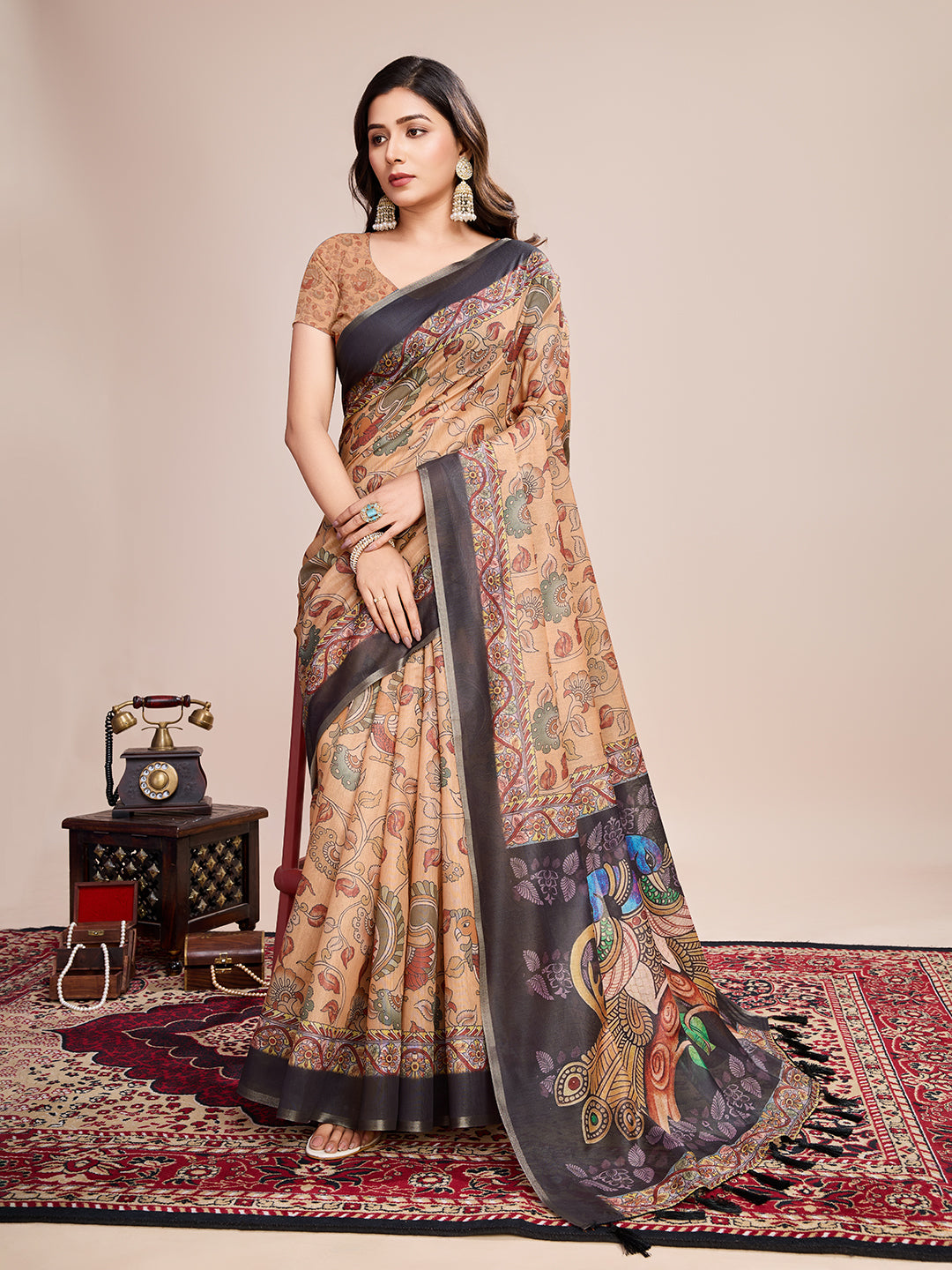 Multi Soft Linen Cotton Saree With Floral Printed Work
