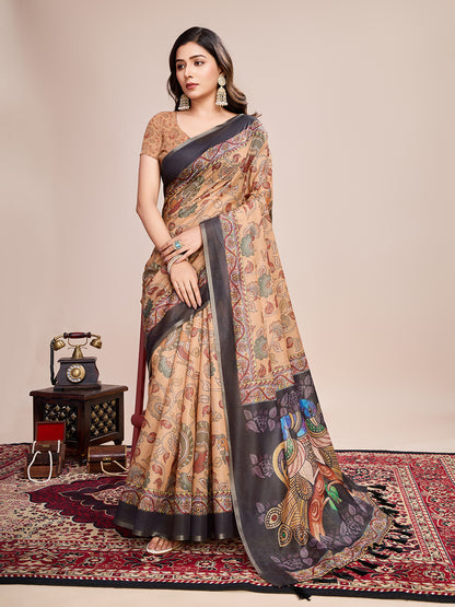 Multi Soft Linen Cotton Saree With Floral Printed Work