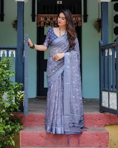 Blue Summer Special Digital Printed Linen Cotton Saree