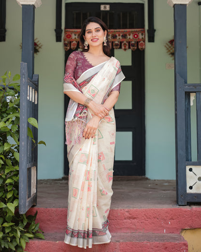 Multi Color Digital Printed Linen Cotton Saree | Summer Special Casual & Office Wear – JaipurSaaj