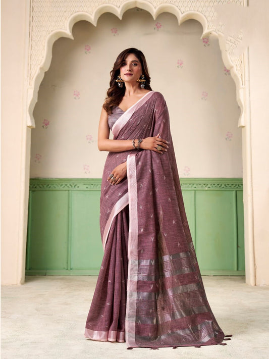 Woman wearing magenta linen silk saree with thread woven butti design full front view