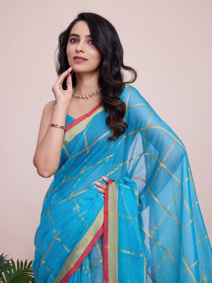 Sky Blue Kota Doriya Saree With Zari Weaving Work