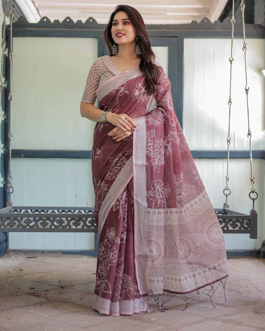 Maroon Digital Printed Linen Cotton Saree | Summer Special Office & Casual Wear – JaipurSaaj