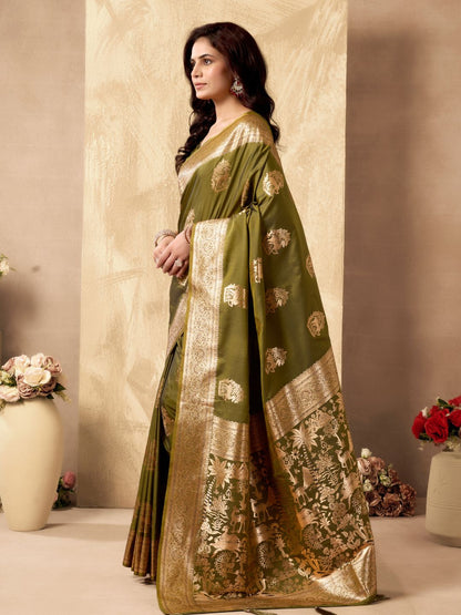 Alternate full view of mehndi green Banarasi silk saree with Warli weaving and zhallar border