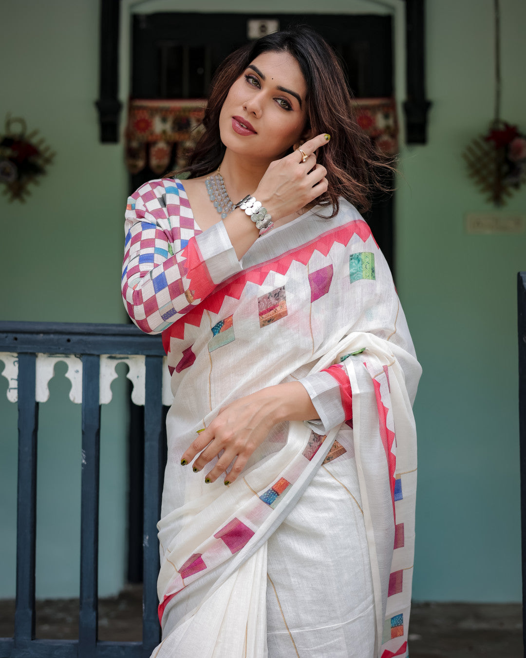 White Summer Special Digital Printed Linen Cotton Saree