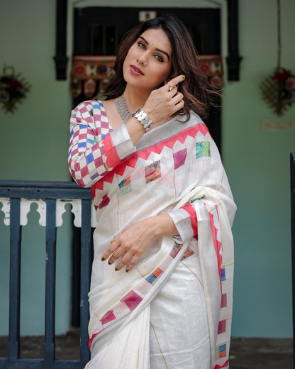 White Summer Special Digital Printed Linen Cotton Saree