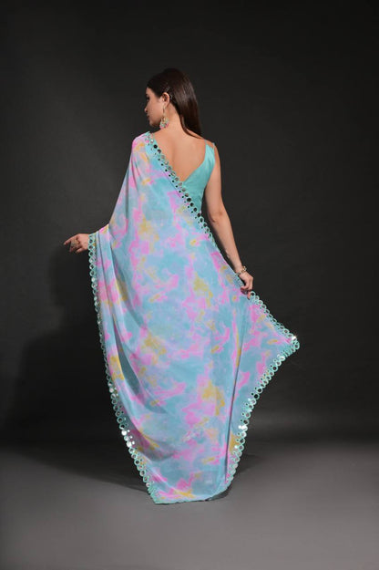 Sky Blue Chiffon Silk Saree with Prism Print & Foil Mirror Work Border | Designer Party Wear – JaipurSaaj